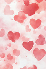 Watercolor hearts in shades of red on soft background create romantic atmosphere