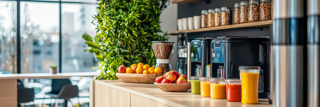 Healthy office break room with fresh fruit and drinks.