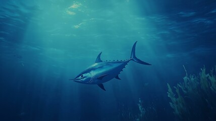 Naklejka premium A majestic tuna fish swimming swiftly through the deep blue ocean, photorealistic marine scene 