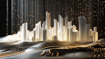 innovation city and abstract dot points connect with gradient lines and aesthetic Intricate wave line design, big data connection technology concept.