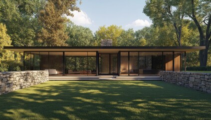 Modern Glass House nestled in a lush green landscape, showcasing minimalist architecture and serene natural beauty.