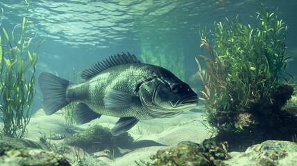 Fototapeta premium A realistic close-up of a sea bass resting on the ocean floor, photorealistic underwater scene 