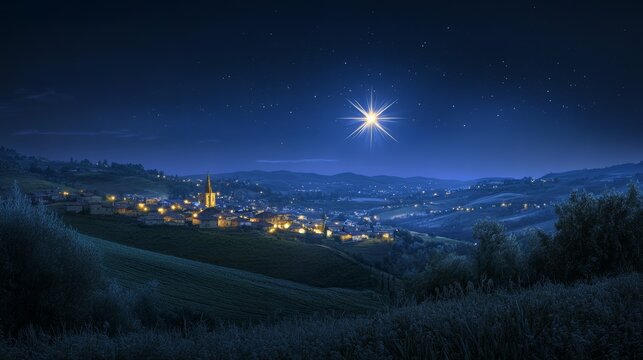 A starry sky hosts the shining Star of Bethlehem, with a city's silhouette barely visible on the distant horizon