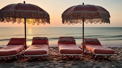 Serene beach sunrise with pink lounge chairs and umbrellas by the sea, ideal for travel agencies advertising concept