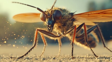 Close up detailed view of a large insect standing on the ground with wings