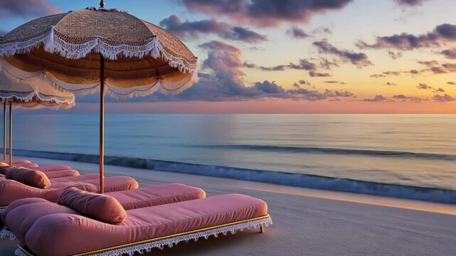 Serene beach sunset with elegant pink loungers and vintage parasol for travel agencies advertising concept