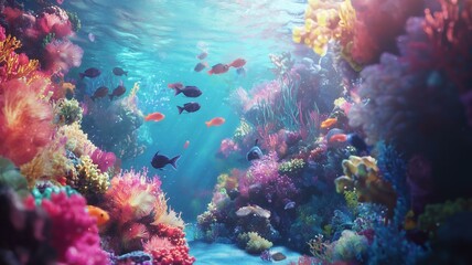 Naklejka premium A vibrant image of a school of fish swimming through colorful coral reefs, photorealistic underwater world 