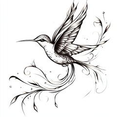 Obraz premium Hummingbird tattoo design, sticker style, on a white background, in black and grey vector art. 