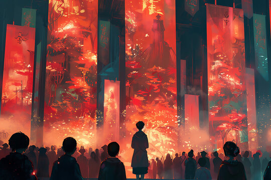 storytelling events, world book day filled with joyous atmosphere as beloved characters are displayed as banners and listeners eagerly gather around a storyteller