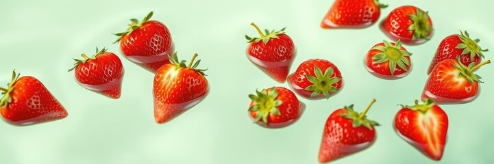 Fresh strawberries floating on a bed of water with a dreamy light green background and soft focus effect, water, refreshing, strawberries in water