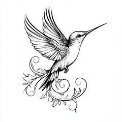 Hummingbird tattoo design, sticker style, on a white background, in black and grey vector art. 