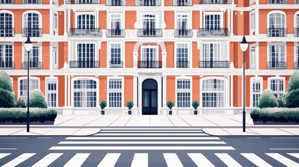 Urban cityscape with buildings and crosswalk, flat vector illustration for city planning and urban infrastructure design projects