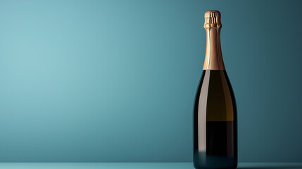 bottle of champagne with blank label , wine bottle  isolated on blue background 