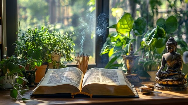 An open Tripitaka manuscript with ancient Pali text, paired with a Buddha statue and incense, conveys a sense of spiritual serenity and reflection