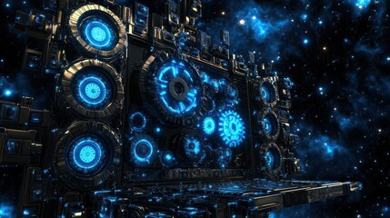 Futuristic spaceship engine detail with glowing blue lights in space.