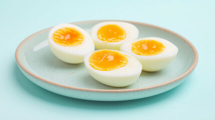 boiled eggs on  plate , isolated on blue background