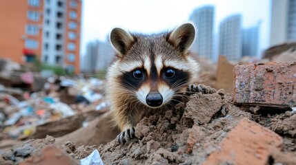 Curious Raccoon Exploring Urban Construction Site Surrounded by Debris