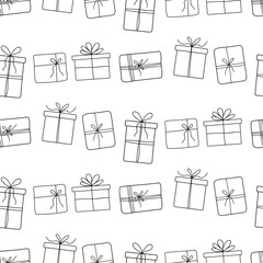Repeated pattern of hand-drawn gift boxes on white background for festive designs