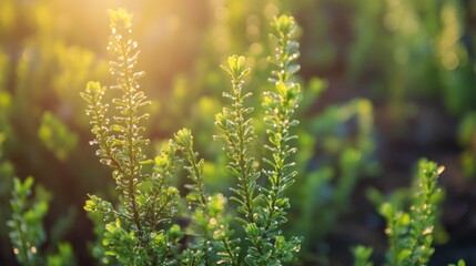 Fototapeta premium Dew-kissed Green Plant Stems Glimmering in Morning Sunlight