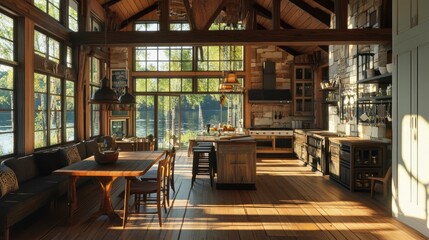 Obraz premium Inside view of a lakeside cottage home with a comfortable dining and living room