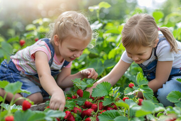 Two happy girls harvesting strawberry plants on sunny summer day