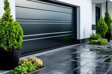 Modern Garage Door with Green Plants and Wet Pavement