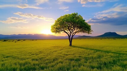 Fototapeta premium Serene Sunset Over Green Field with Lone Tree and Mountains