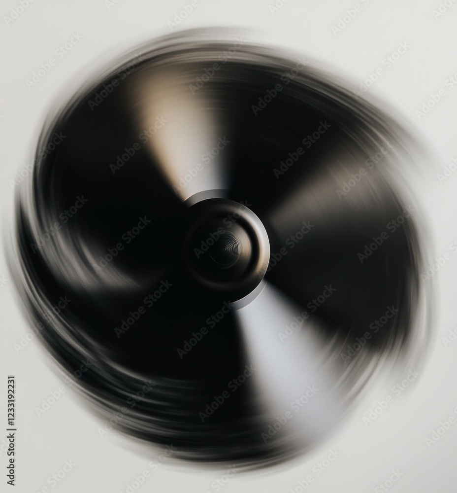 Poster a dynamic and abstract representation of motion, featuring a spinning black object on a light backgr