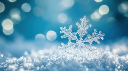 A single snowflake rests on fresh winter snow