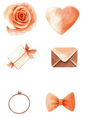 Watercolor love elements: rose, heart, gift, envelope, frame, bow tie in peach tones PNG