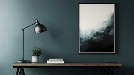 Modern Workspace with Dark Abstract Art and Stylish Desk Lamp