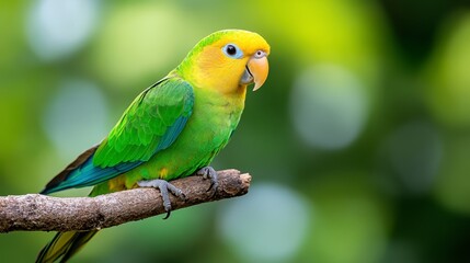 Fototapeta premium Vibrant Green and Yellow Parrot Perched on Branch in Nature Scene