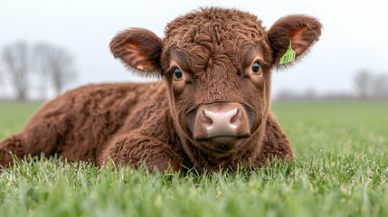 Calf resting in green pasture, cloudy sky.  Stock image for agriculture