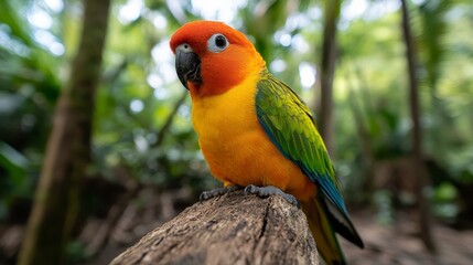 Obraz premium Vibrant Sun Conure Perched on Branch in Lush Green Jungle Setting