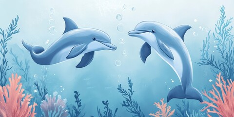 Obraz premium Two Dolphins Swimming Underwater Amongst Coral