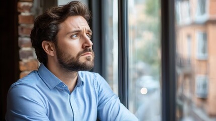 Obraz premium A pensive man gazes out a window, reflecting thoughtfully. Natural light highlights his features against a backdrop of city life.