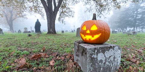 Lit Jack-o'-lantern on grave, foggy cemetery. Halloween