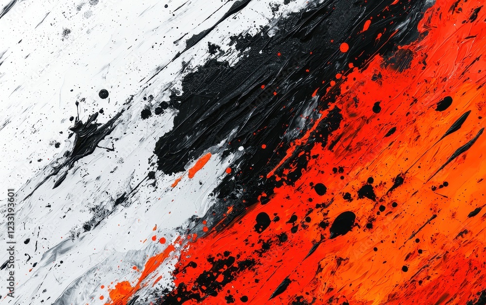 Poster a vibrant abstract artwork featuring bold splashes of black, white, and orange, creating a dynamic i