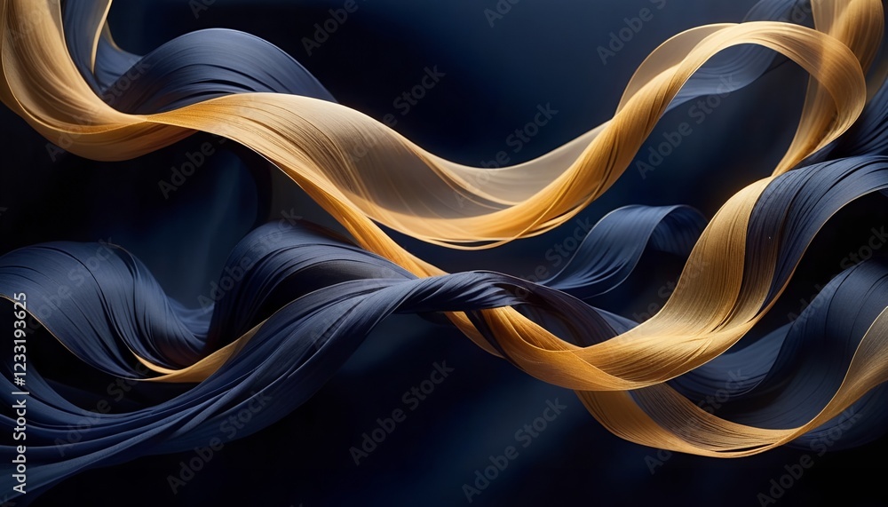 Poster abstract waves of dark blue and soft golden ribbons gracefully intertwine against a deep background,