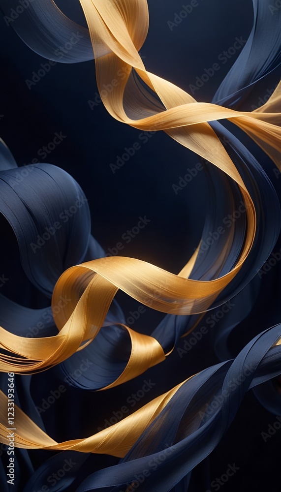 Poster abstract wave-like ribbons in gold and deep blue flow gracefully against a dark background, creating