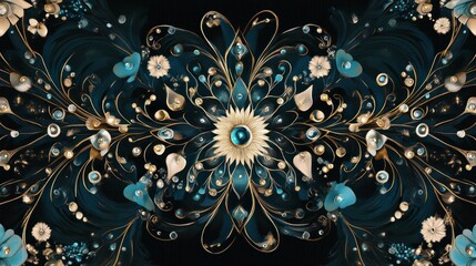 Teal gold ornate jewel floral mandala.
