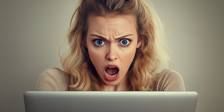 Frustrated woman reacts to unexpected news home office emotional expression indoor setting close-up view digital age challenges