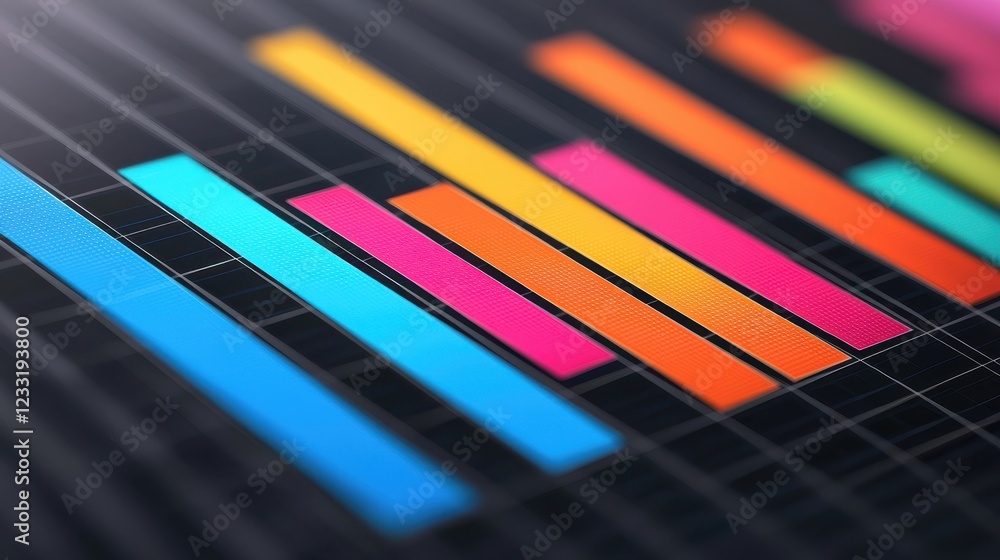 Poster a vibrant bar graph with colorful segments on a dark background, showcasing data visualization in an