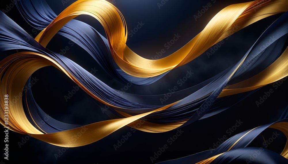 Poster abstract flowing ribbons in deep blue and shimmering gold, creating a dynamic and elegant visual con