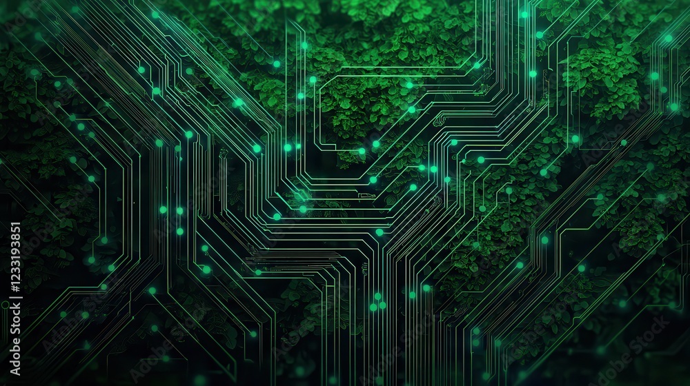 Poster a vibrant green circuit board design showcasing intricate patterns and glowing lines, symbolizing th