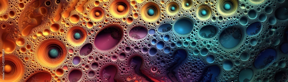 Poster a vibrant, abstract image showcasing colorful bubbles and textures against a gradient background, em