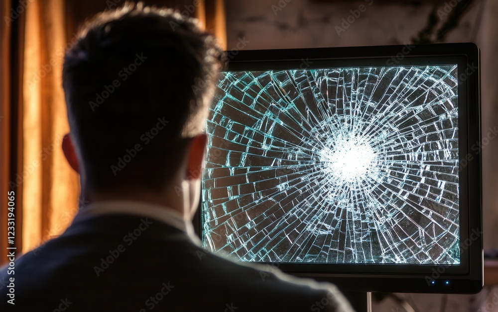 Poster a person observes a broken screen displaying a web-like pattern, reflecting intense focus and intrig