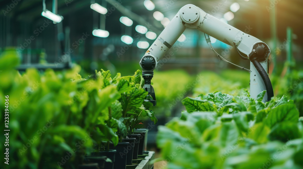 Poster automated robotic arm tending to plants in greenhouse, showcasing modern agriculture technology and 