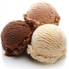 Fototapeta premium Three scoops ice cream, chocolate, vanilla, coffee flavors, dessert, white background, food photography, website, menu
