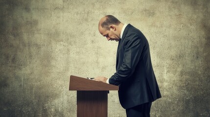 Obraz premium A solemn man in a suit stands with his head bowed over a podium against a textured gray wall, conveying a sense of contemplation or regret.